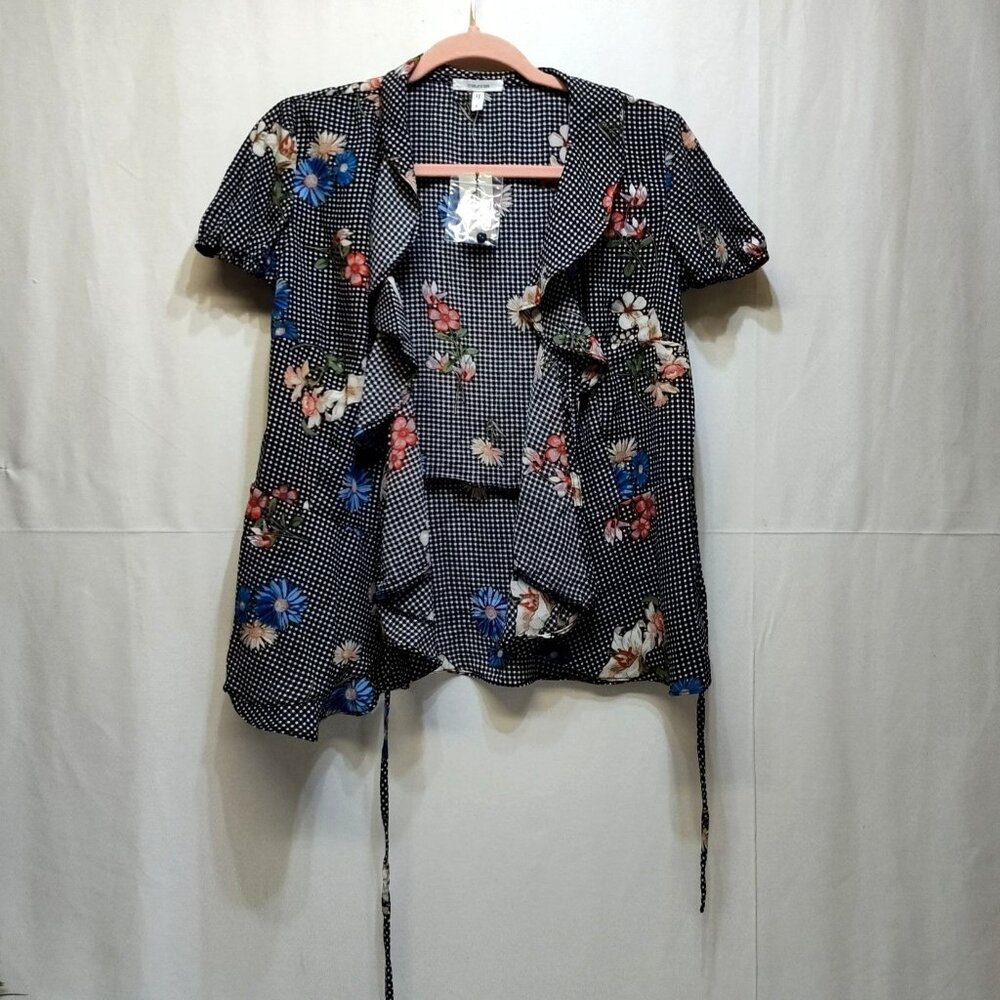 Maurices Floral Wrap Tie Top Ruffles Black White Checkered Women's Small NWT